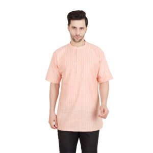 Men’s Khadi Cotton Short Kurta | Peach-toned stripe | Half-Sleeve | Traditional & Casual Ethnic Wear
