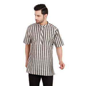 Men’s Khadi Cotton Short Kurta | Black & White stripes | Half-Sleeve | Traditional & Casual Ethnic Wear