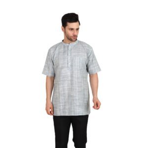 Men’s Khadi Cotton Short Kurta | Off-blue |  Half-Sleeve | Traditional & Casual Ethnic Wear
