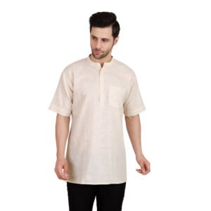 Men’s Khadi Cotton Short Kurta | Cream Base With Multicolor Stripes | Half-Sleeve | Traditional & Casual Ethnic Wear