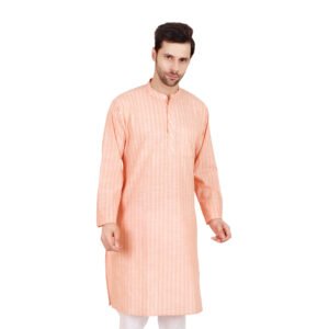 🔹 Men’s Peach-toned Stripe Khadi Cotton Knee-Length Kurta – Full Sleeve Traditional & Casual Ethnic Wear