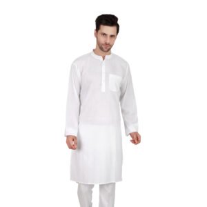 🔹Men’s White Khadi Cotton Knee-Length Kurta – Full Sleeve Traditional & Casual Ethnic Wear