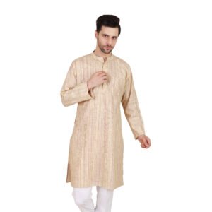 🔹 Men’s Cream/Sand Khadi Cotton Knee-Length Kurta – Full Sleeve Traditional & Casual Ethnic Wear