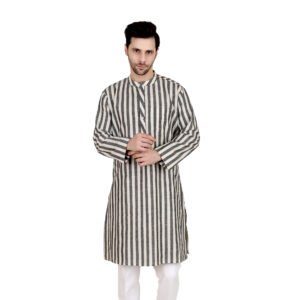 🔹 Men’s Black & White stripes Khadi Cotton Knee-Length Kurta – Full Sleeve Traditional & Casual Ethnic Wear