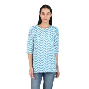 Women’s Short Cotton Kurta | White and blue chivron | Printed Straight Fit | 3/4 Sleeves | Office, Daily & Festive Wear