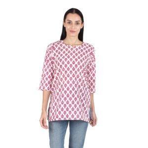 Women’s Short Cotton Kurta | White with Pink Floral | Printed Straight Fit | 3/4 Sleeves | Office, Daily & Festive Wear