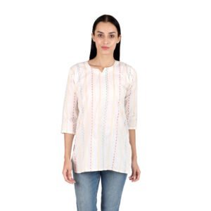 Women’s Short Cotton Kurta | Off-White with Multicolor Stripes | Printed Straight Fit | 3/4 Sleeves | Office, Daily & Festive Wear