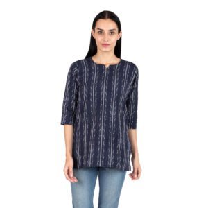 Women’s Short Cotton Kurta |Navy blue white stripes | Printed Straight Fit | 3/4 Sleeves | Office, Daily & Festive Wear