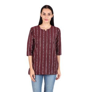Women’s Short Cotton Kurta | Maroon with White Stripes | Printed Straight Fit | 3/4 Sleeves | Office, Daily & Festive Wear
