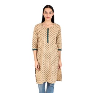 “ Women's Cotton Printed Kurti | Cream with  Green Floral Buti | 3/4 Sleeves| Ethnic Design for Office | Casual & Daily Wear”