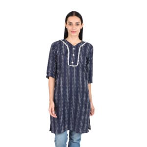 Women’s Navy Blue Woven Cotton Kurti with Ikat-Style Textured pattern | 3/4 Sleeves | Ethnic Office & Daily Wear