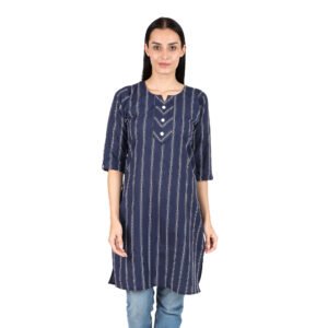 Women’s Navy Blue Woven Cotton Kurti with Ikat-Style Stripes | 3/4 Sleeves | Ethnic Wear for Office & Daily Use