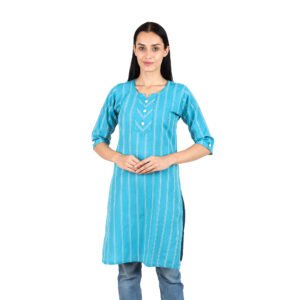 Women’s Turquoise Blue Woven Cotton Kurti with Textured Ikat-Style Stripes | 3/4 Sleeves | Ethnic Office & Daily Wear