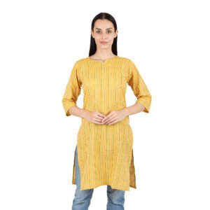 Women’s Mustard Yellow Woven Cotton Kurti with Multicolor Dash-Stripes | 3/4 Sleeves | Ethnic Office & Daily Wear
