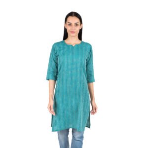 Women’s Teal Green Woven Cotton Kurti with Multicolor Dash-Stripes | 3/4 Sleeves | Ethnic Office & Daily Wear
