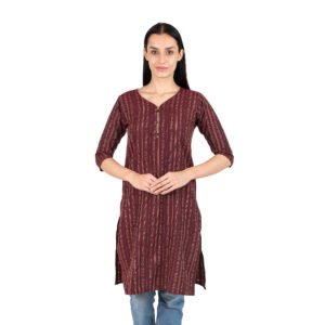Women's Maroon Brown Woven Cotton Kurti | Vertical Dash-Stripe Design | 3/4 Sleeves | Ethnic Daily & Office Wear